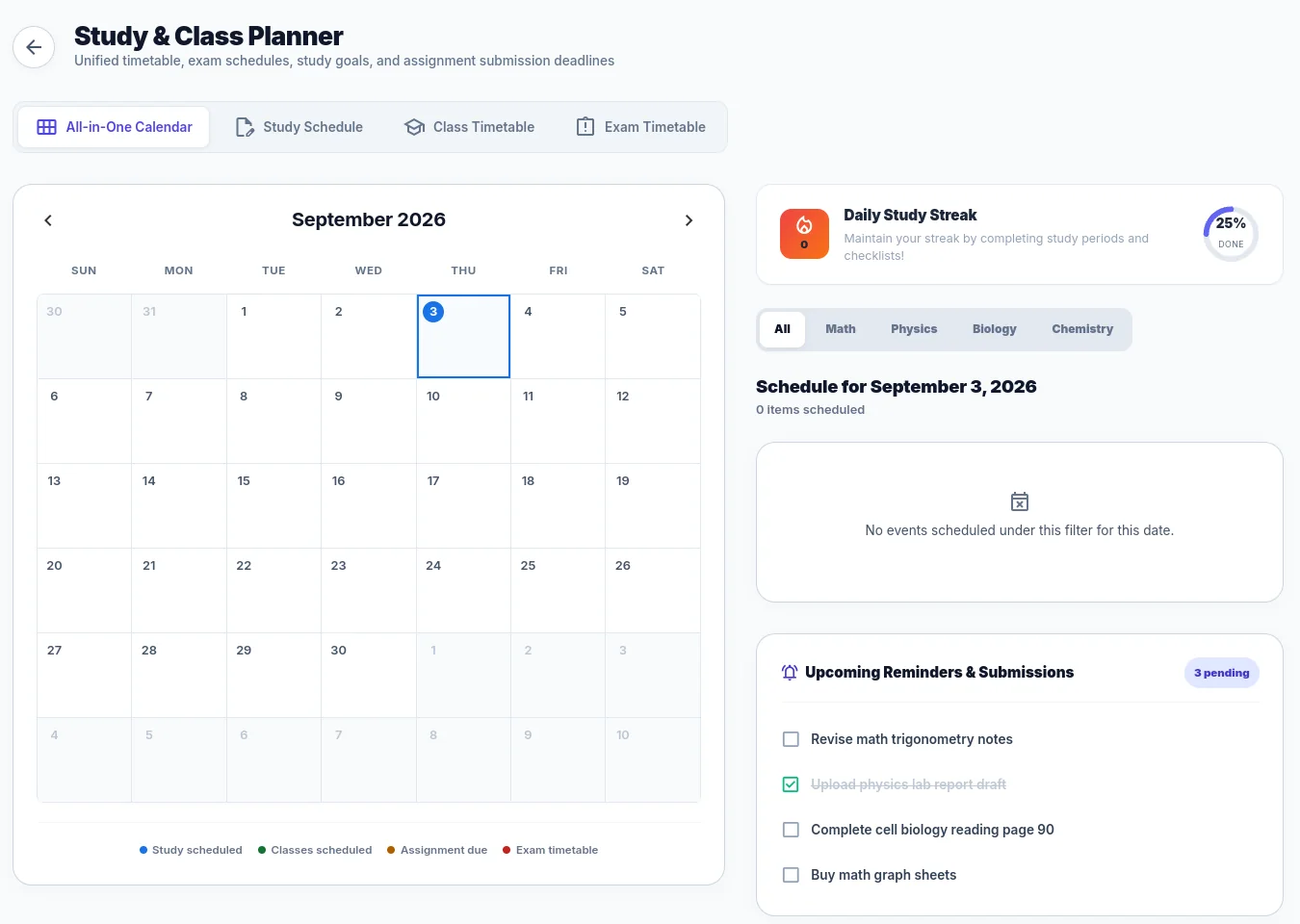 Cognium desktop study planner showing a calendar and scheduled learning activities.